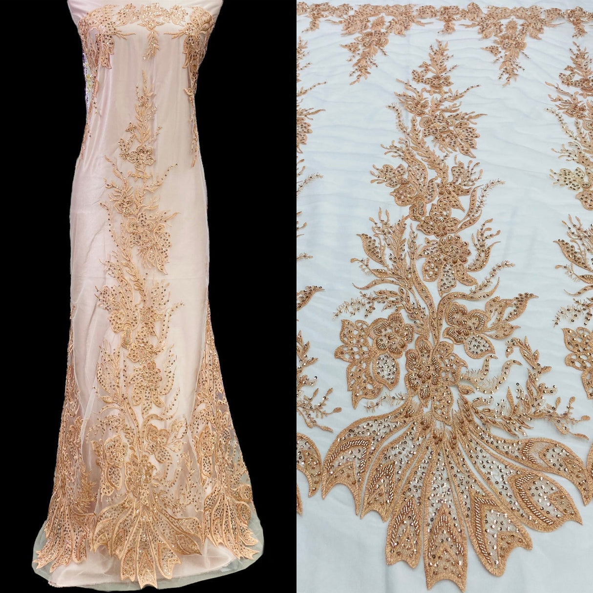 1 Yard Gold Beaded Sequined Lace Fabric Embroidered on Polyester Net Mesh 50 inch Width