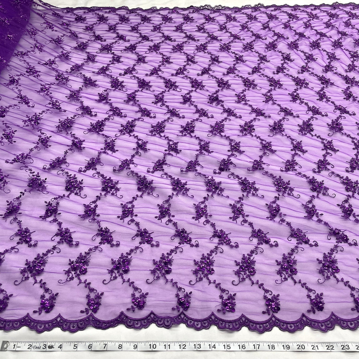 1 Yard Purple Beaded Bridal Evening Couture Quinceanera Dance Lace Fabric, 52 Inches Wide