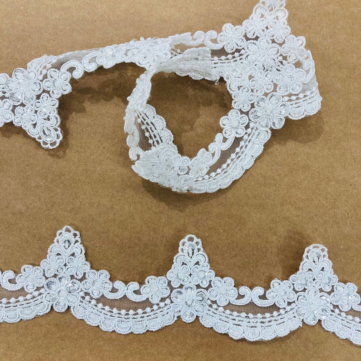 1 Yard Beaded & Corded Embroidered Lace Trim 2.5" Wide 100% Polyester Net Mesh for Bridal & Special Occasion