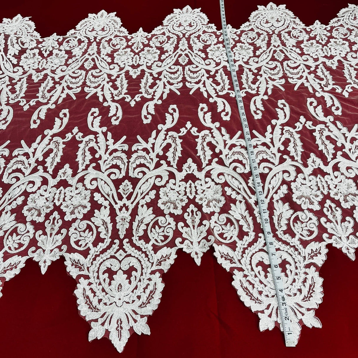 1 Yard Beaded Corded Bridal Lace Fabric Embroidered on Polyester Net Mesh