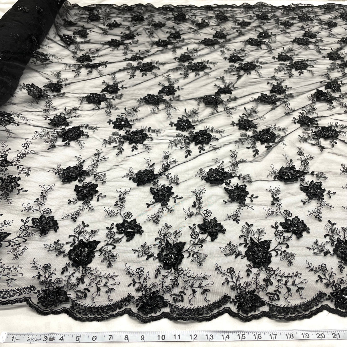 1 Yard Beaded Lace Fabric Black Polyester Net Mesh, with Beads and Sequins, 53 Inches Wide