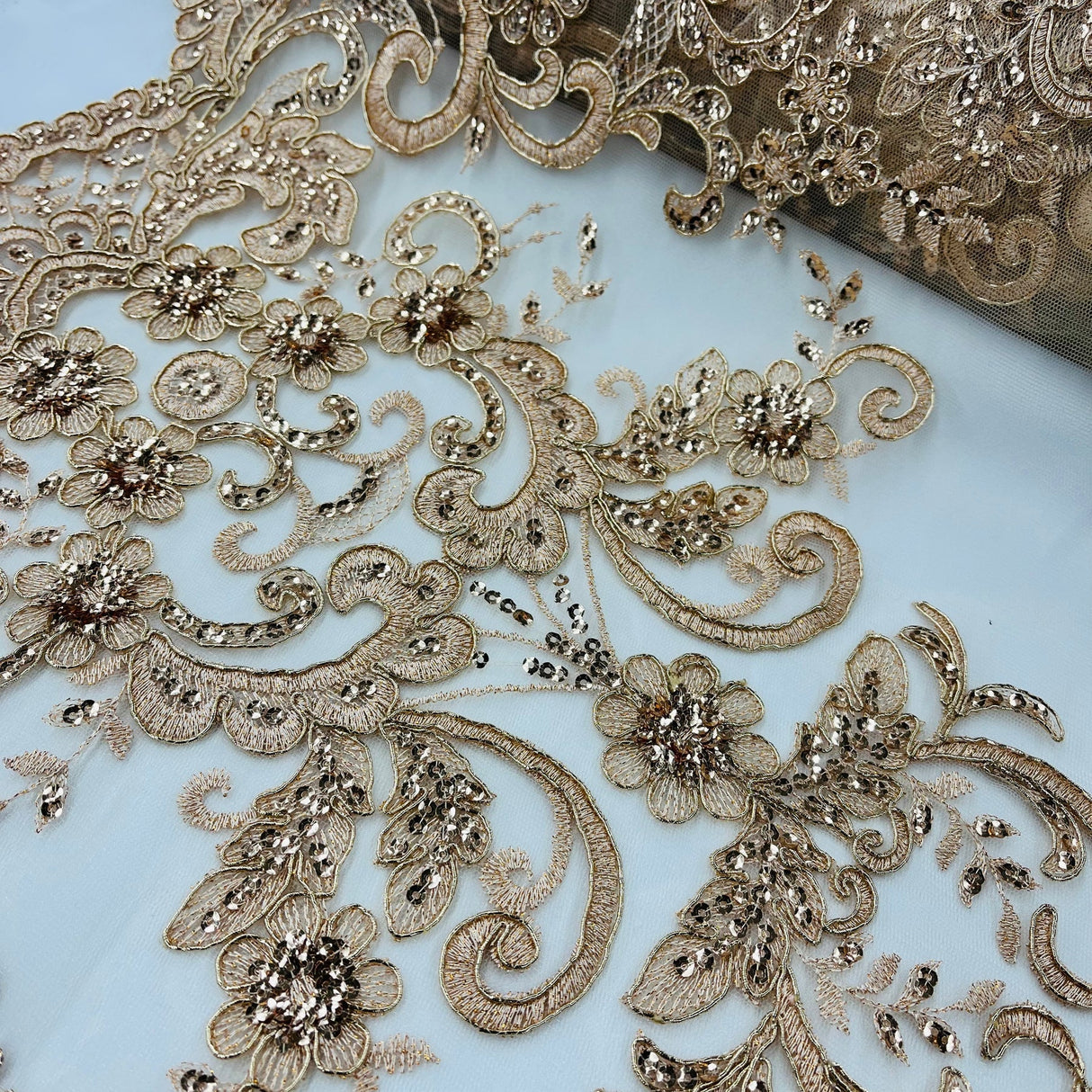 1 Yard Ethereal Silver Beaded Corded Bridal Lace Fabric on Net Mesh 54 inch Width