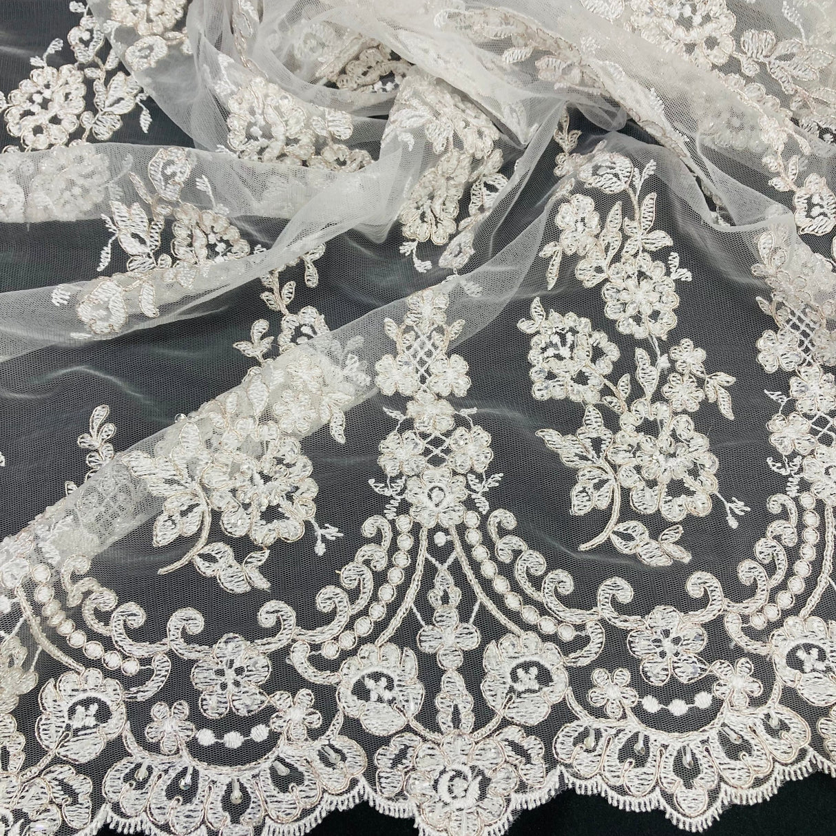 1 Yard White Beaded Corded Lace Fabric Embroidered on Polyester Net Mesh 52 inch Width