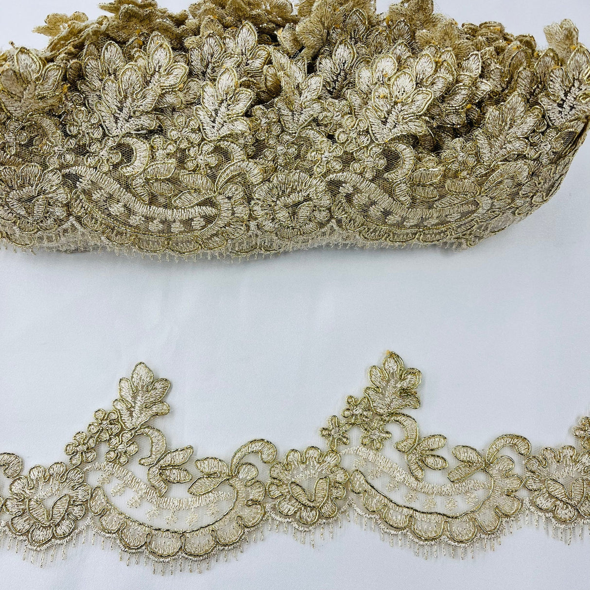 1 Yard Corded Lace Trimming on Net Mesh – 3" Wide | Handmade Embroidered Trim for Dresses & Gowns