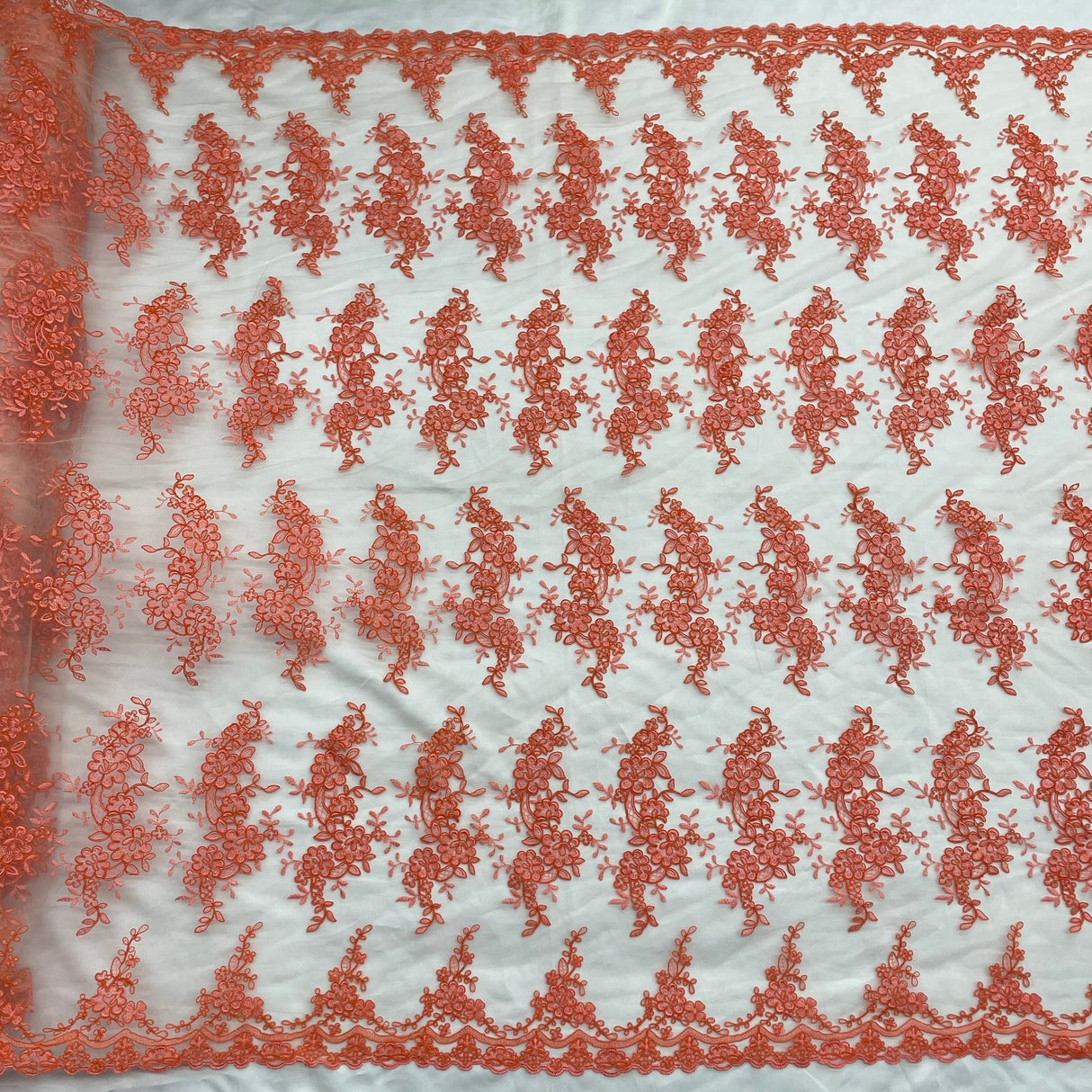 1 Yard Peach Corded Bridal Lace Fabric Embroidered Polyester Net Mesh 54 Inch Width