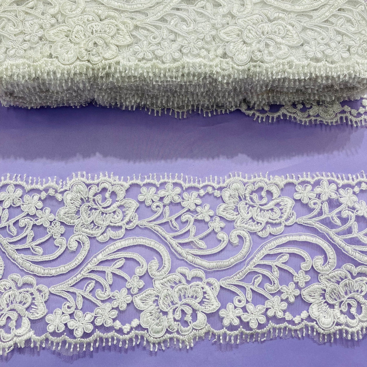 1 Yard 4″ Wide Corded Double Sided Lace Trimming on 100% Polyester Net Mesh