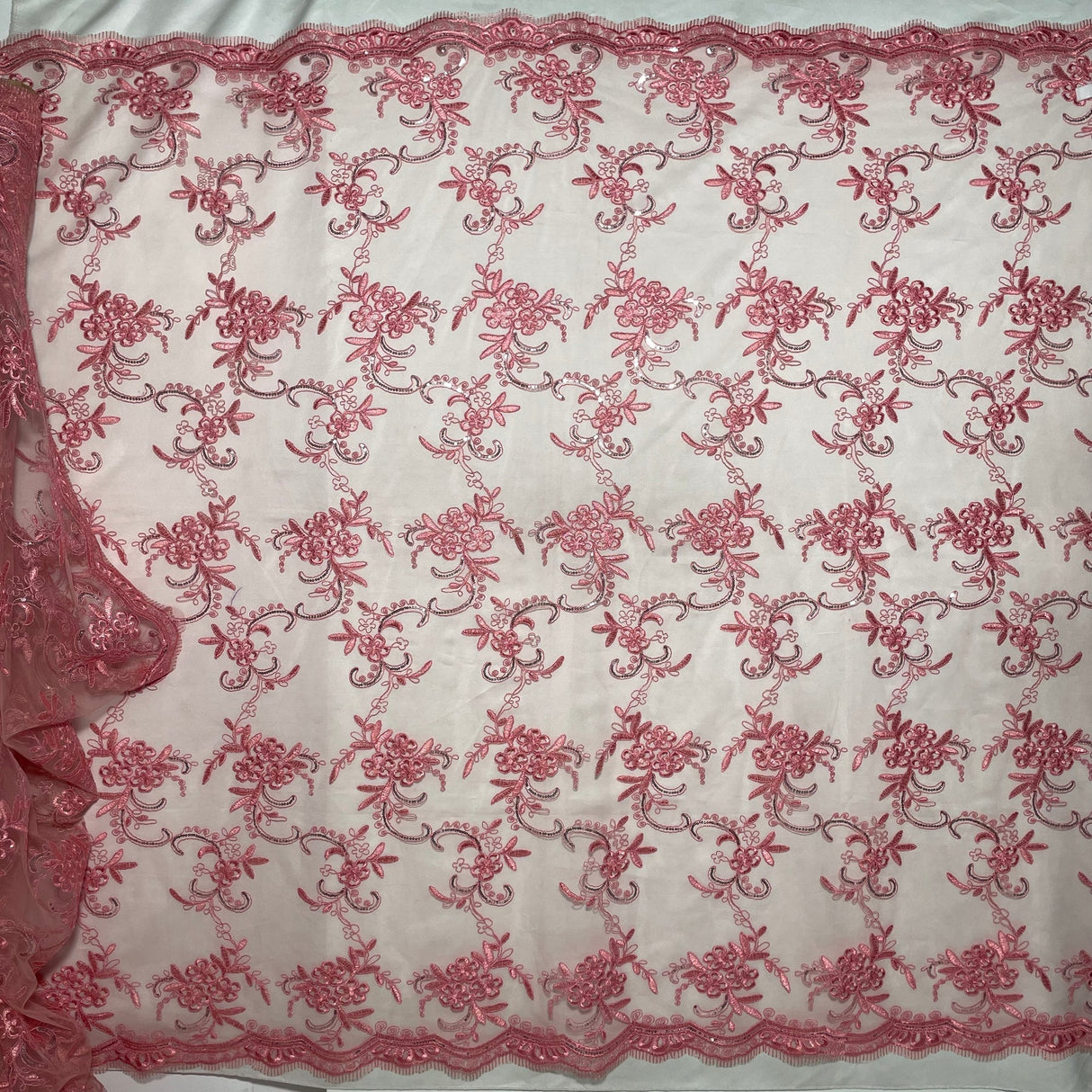 1 Yard Dusty Rose Sequined and Corded Lace Fabric on Percent Polyester Net Mesh 54 Inch Width