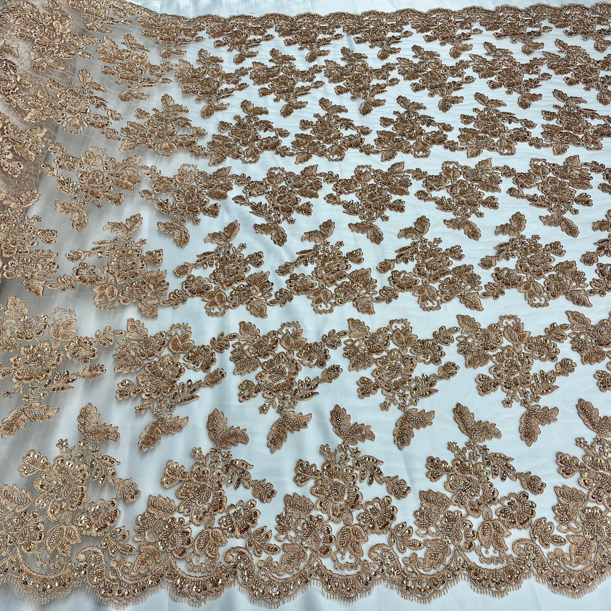 1 Yard Beaded & Corded Embroidered Bridal Lace Fabric, 100% Polyester Net Mesh, 52-54 inch Wide,