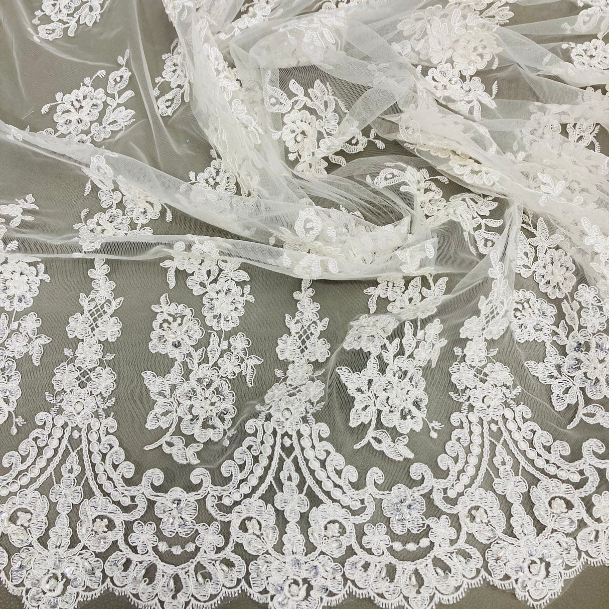 1 Yard White Beaded Corded Lace Fabric Embroidered on Polyester Net Mesh 52 inch Width
