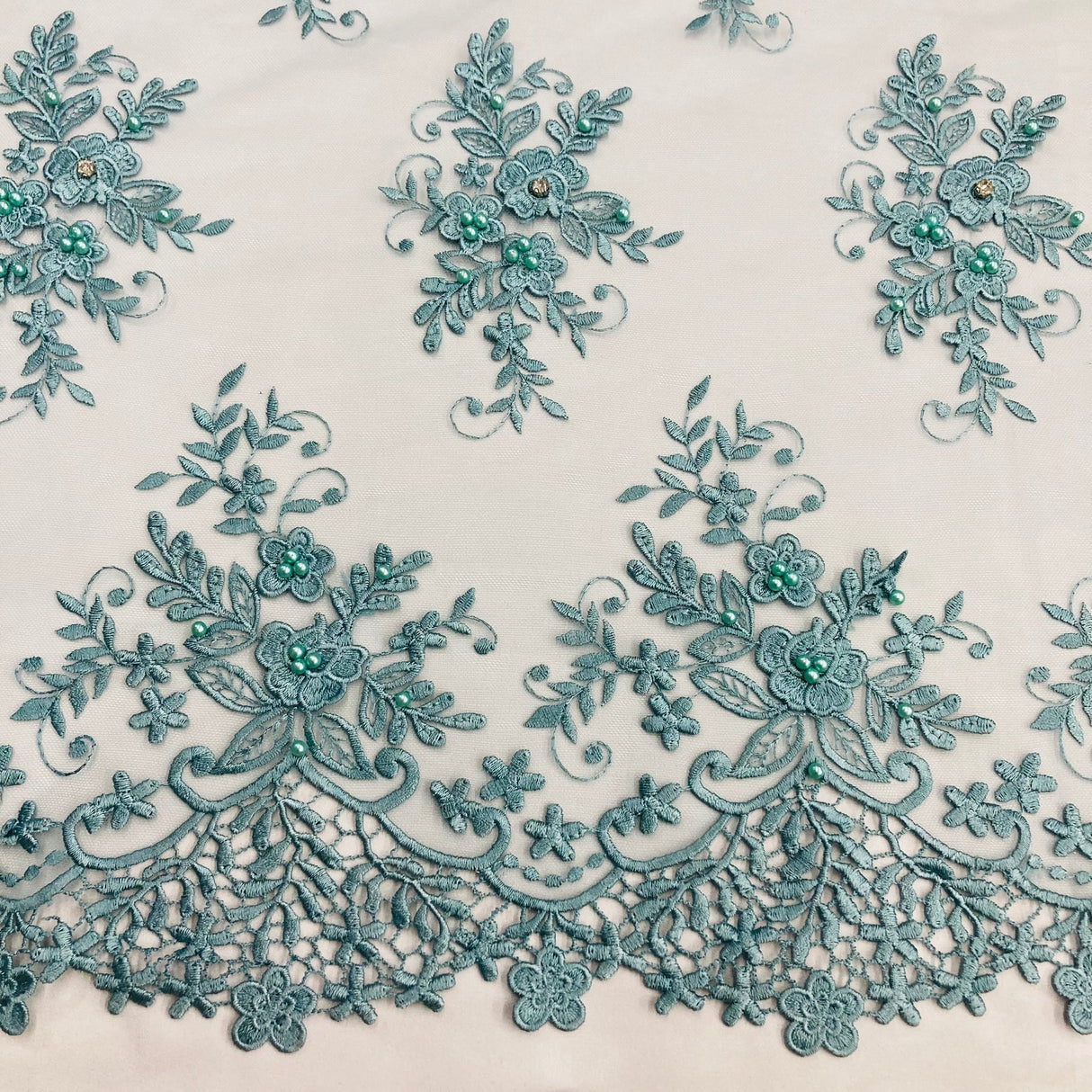 1 Yard Pistachio Beaded 3D Floral Lace Fabric Embroidered on Polyester Net Mesh 52 Inch Width