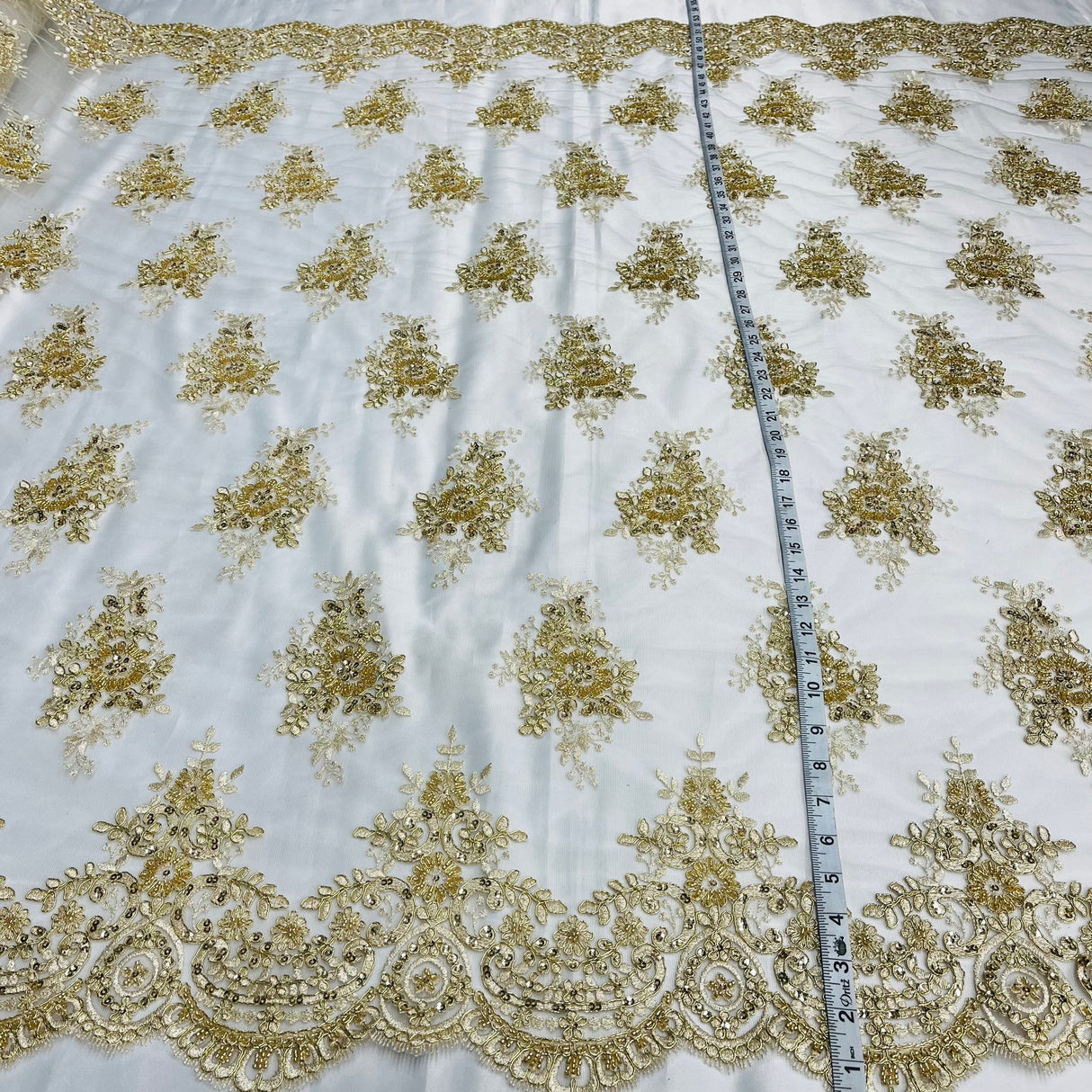 1 Yard Hand-Beaded Gold Corded Lace Fabric Embroidered on Polyester Net Mesh 56 inch Width