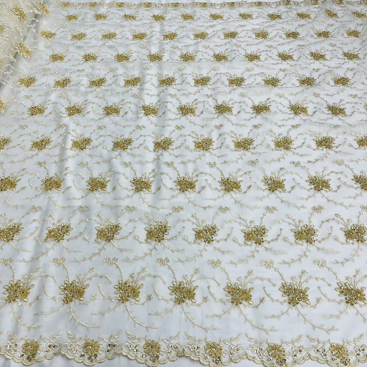 1 Yard Elegant Ivory Beaded Corded Bridal Lace Fabric Embroidered on Net Mesh 52 inch Width