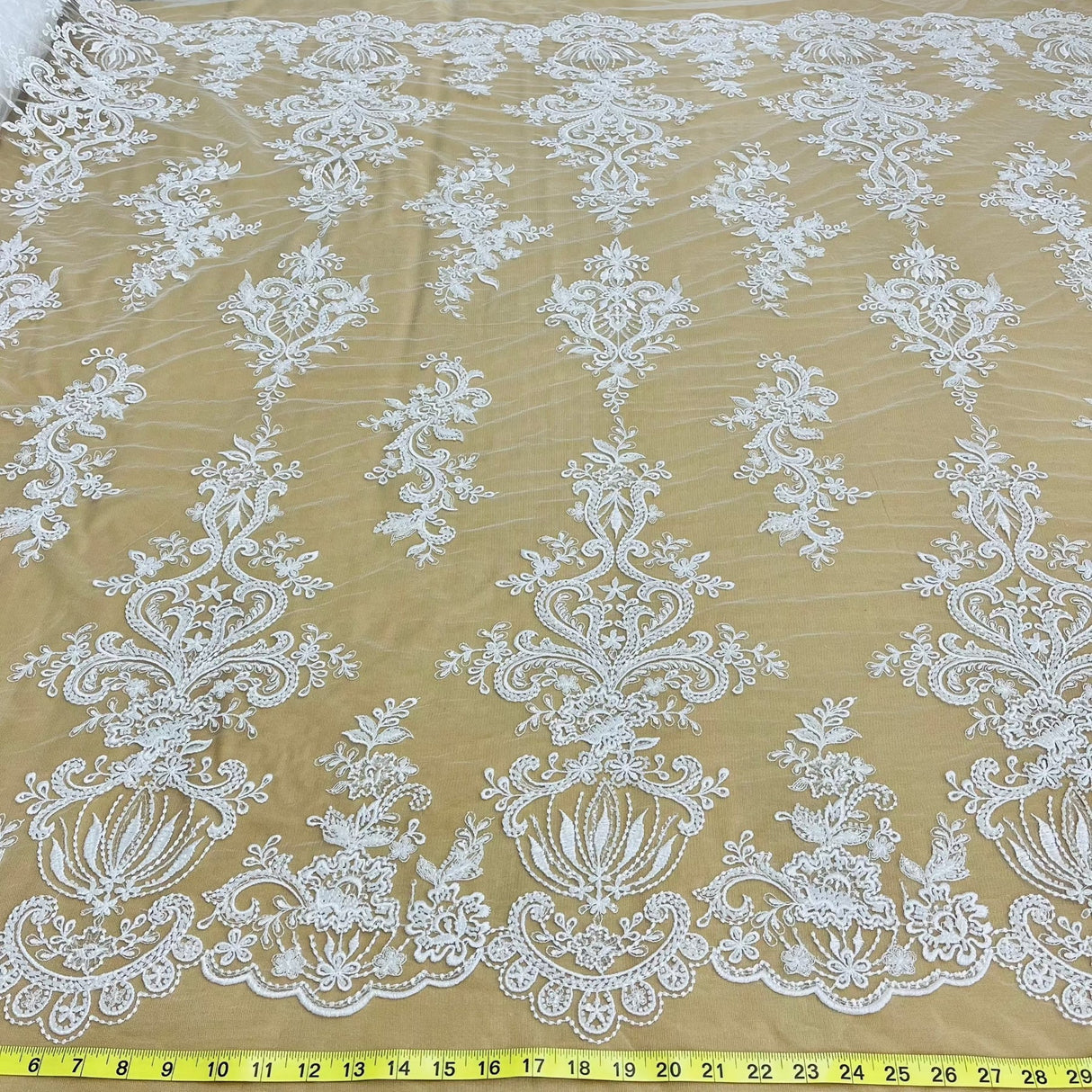 1 Yard Beaded Lace Fabric Embroidered on Polyester Net Mesh, 53" Width, Premium Embroidery Lace Material