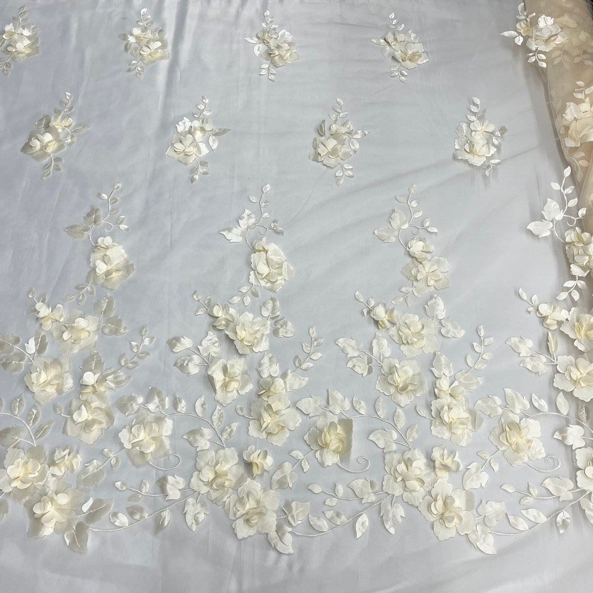 1 Yard 3D Floral Lace Fabric Embroidered Soft Tulle Net Mesh Wedding 50" Width
