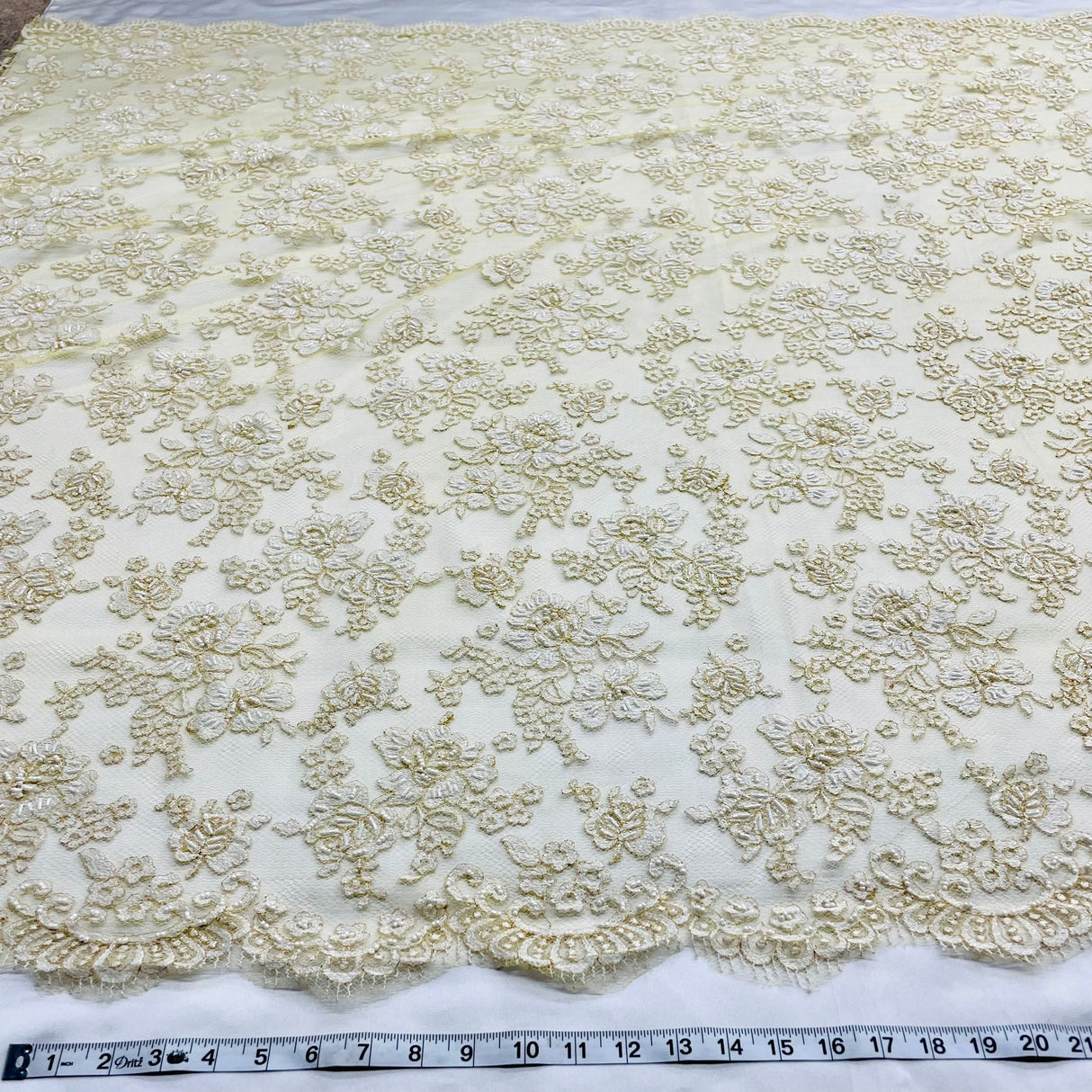 1 Yard Elegant Beaded Lace Fabric Embroidered on Polyester Net Mesh Ivory with Gold 54" Width