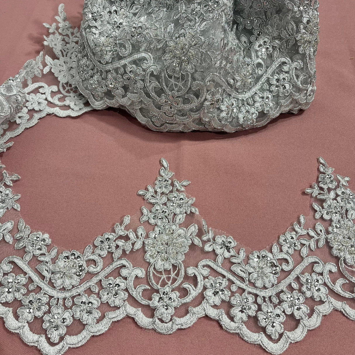 1 Yard Beaded & Corded Floral Lace Trimming Embroidered on 100% Polyester Net Mesh 6" Wide