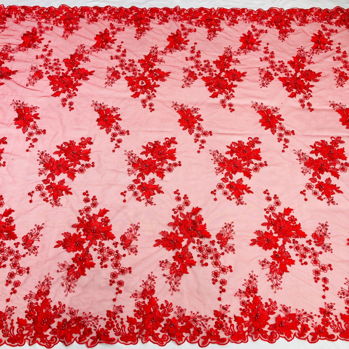 1 Yard Beaded Rhinestone 3D Floral Lace Fabric Embroidered Mesh Gown 52" Width