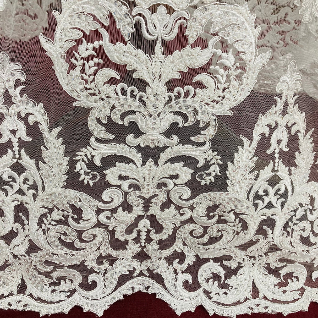 1 Yard Elegant Beaded & Corded Lace Fabric Embroidered on Polyester Net Mesh Perfect for Bridal & Special Occasion Couture 51" Wide