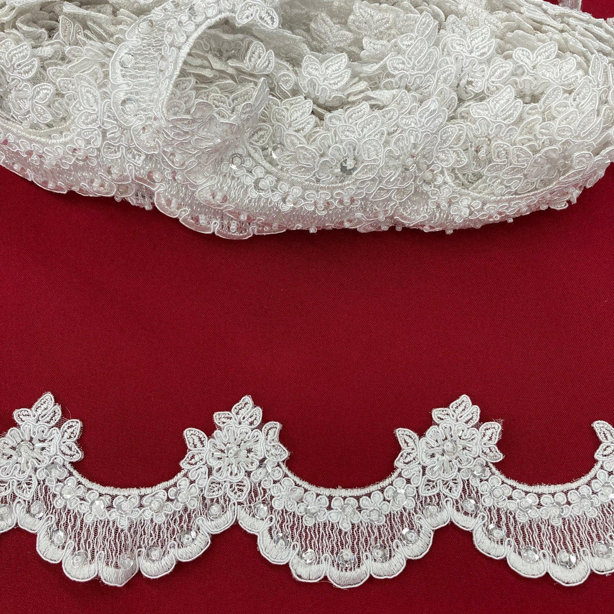 1 Yard Beaded & Corded Embroidered Lace Trim 2" Wide 100% Polyester Net Mesh for Bridal & Special Occasion
