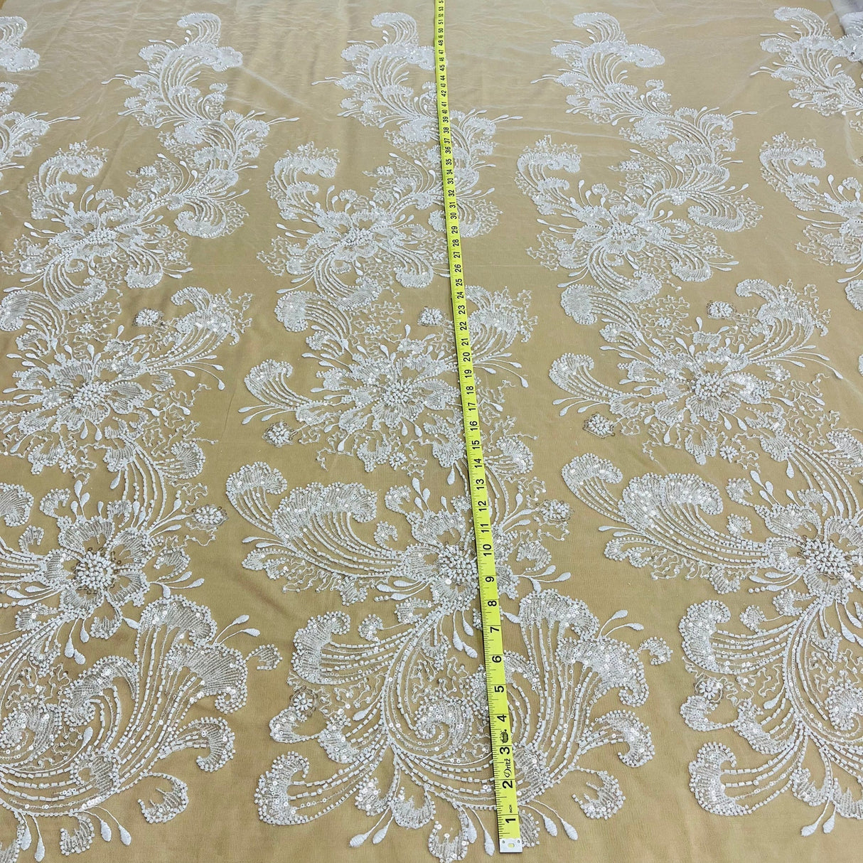 1 Yard Beaded Lace Fabric Embroidered on Polyester Net Mesh, 52" Width, Premium Lace Fabrication