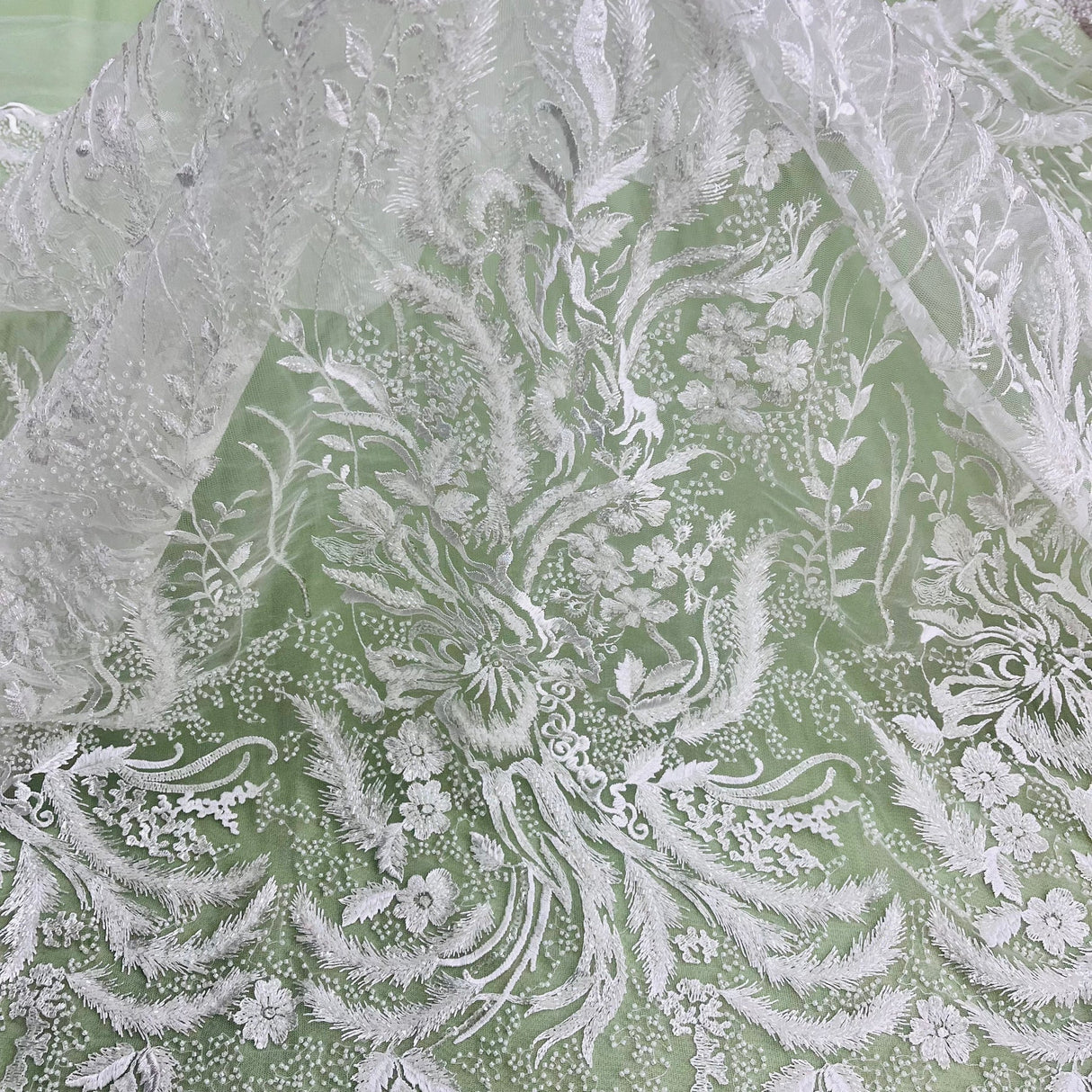 1 Yard Beaded Lace Fabric Hand-Embroidered with Pearls & Sequins on Polyester Net Mesh for Bridal, Evening & Couture Wear 56" Wide