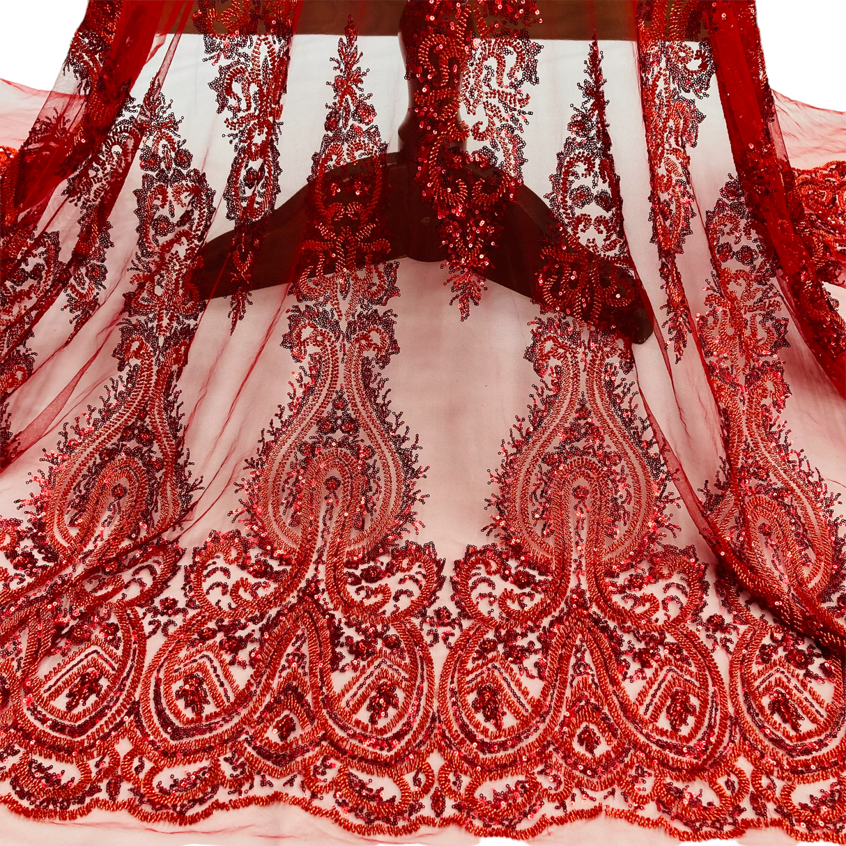 1 Yard Beaded Embroidered Lace Fabric on Polyester Mesh, 51" Wide,