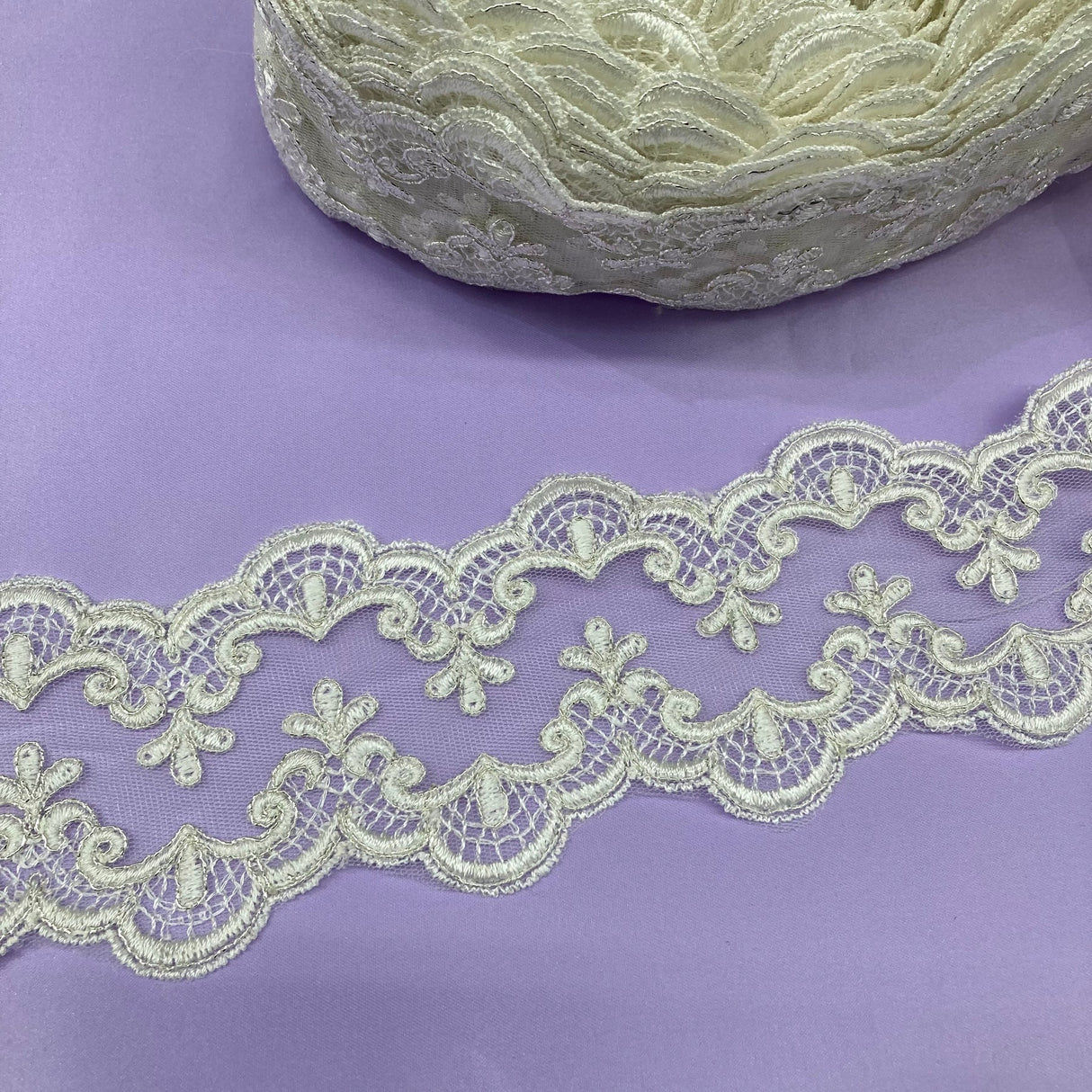 1 Yard Corded Double Sided Lace Trim 3" Wide Embroidered Polyester Net Mesh for Bridal & Special Occasion