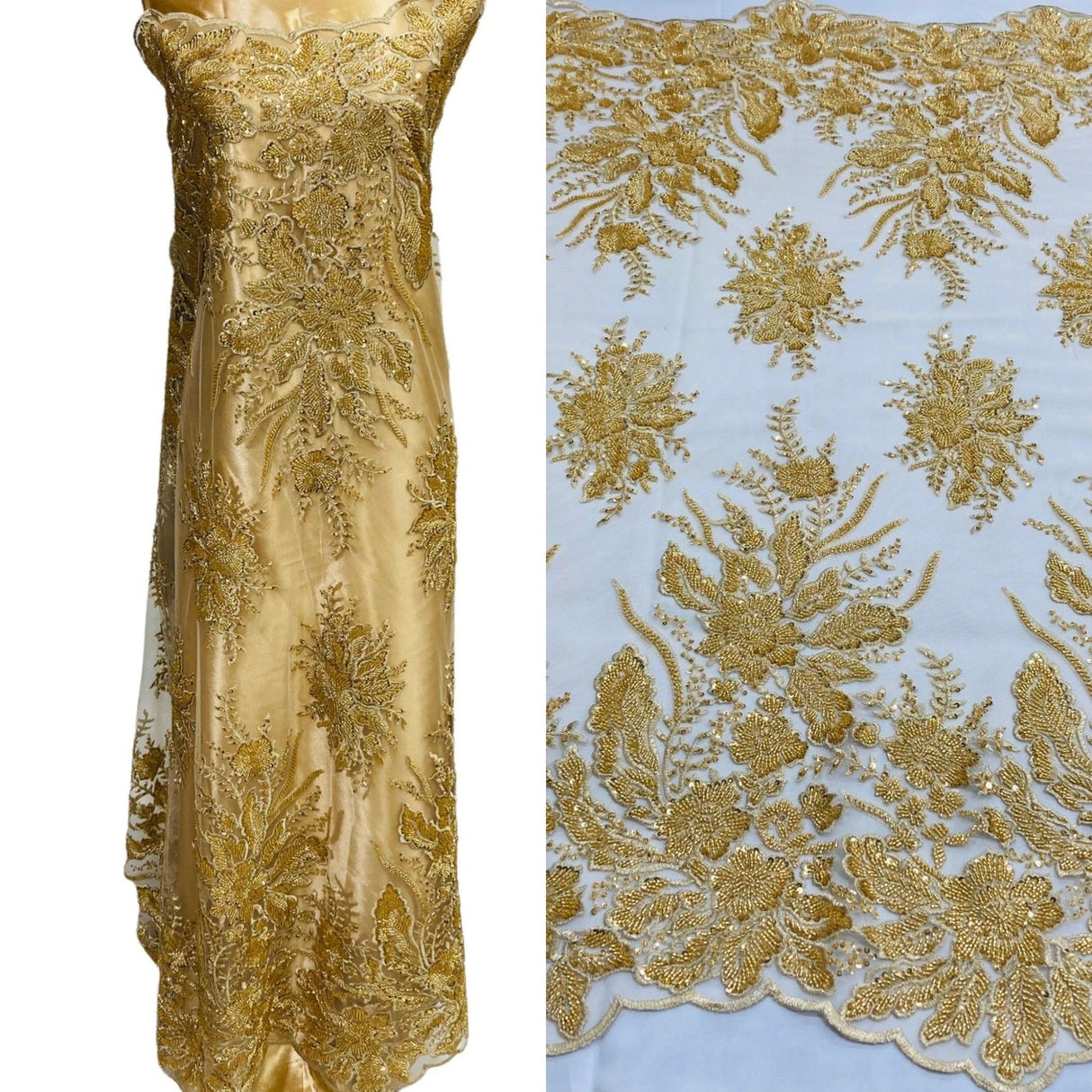 1 Yard Beaded Lace Fabric Embroidered on Polyester Net Mesh, Blush, 48" Width,