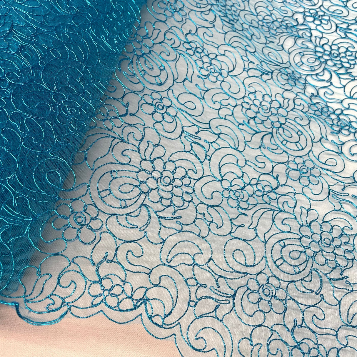 1 Yard Sky Blue Corded Bridal Lace Fabric Embroidered Polyester Net Mesh 53 Inch Width
