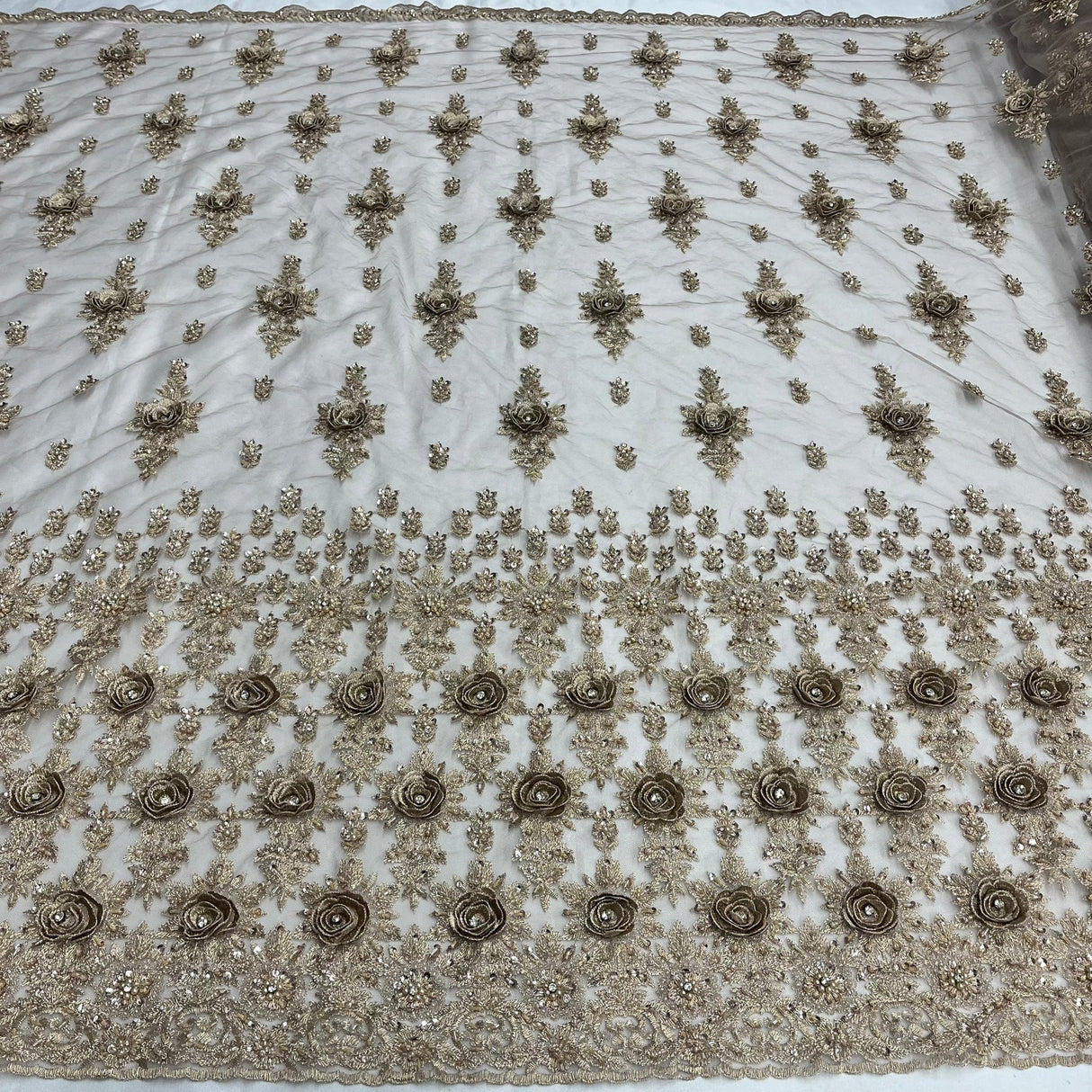 1 Yard Exquisite "Skin" Beaded 3D Floral Lace Fabric on Net Mesh 54 inch Width