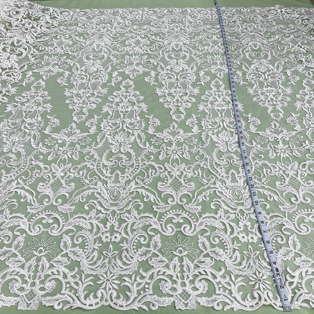1 Yard White Corded Bridal Lace Fabric, Embroidered Polyester Mesh, 53" Wide, Elegant Wedding Fabrication
