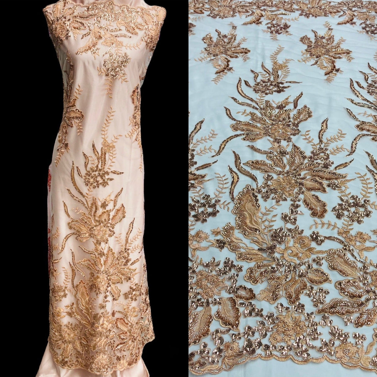 1 Yard Beaded Lace Fabric Embroidered on Polyester Net Mesh 50" Wide Bridal & Evening Fabric, Lace USA