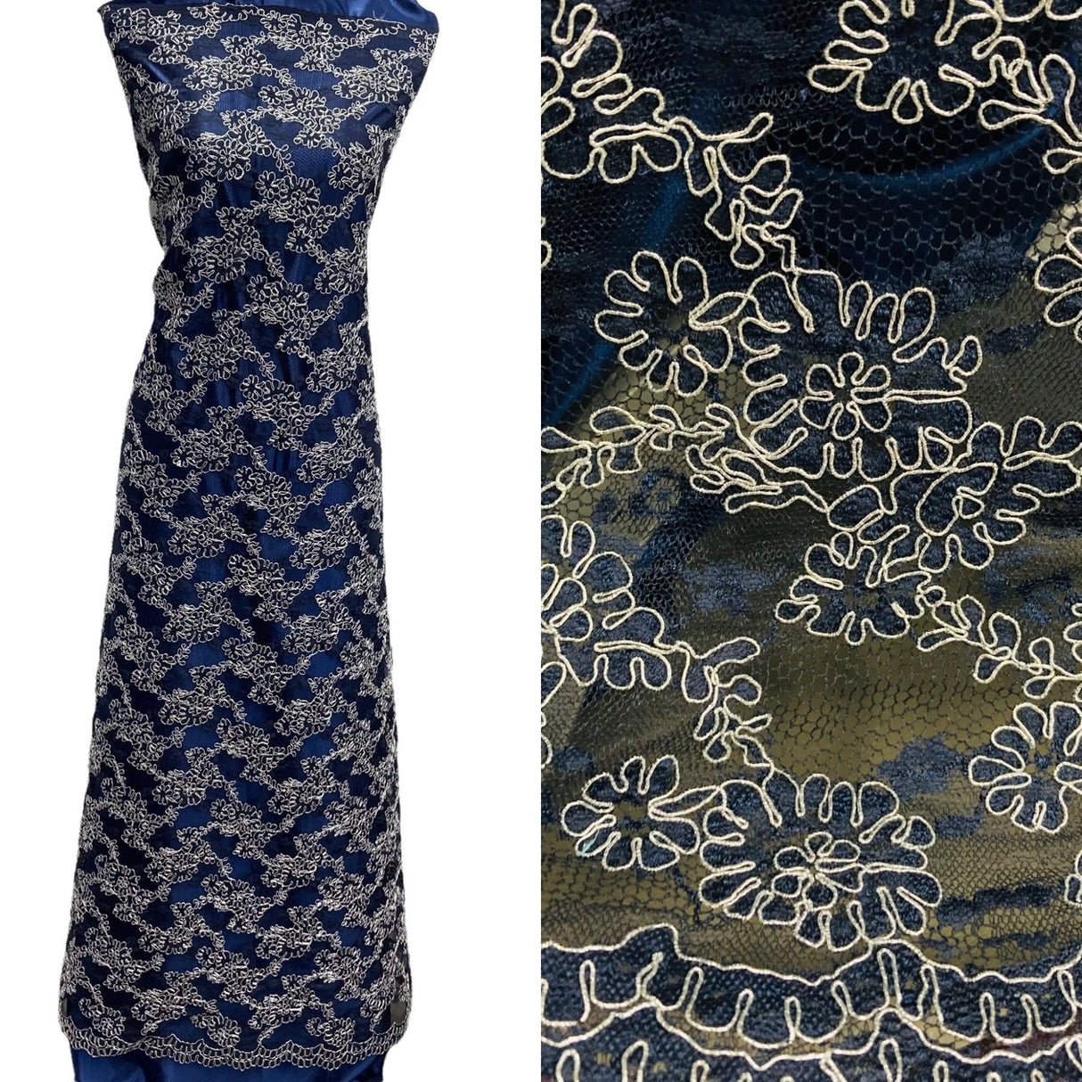 1 Yard Corded Bridal Lace Fabric Embroidered on Net Mesh 54" Width