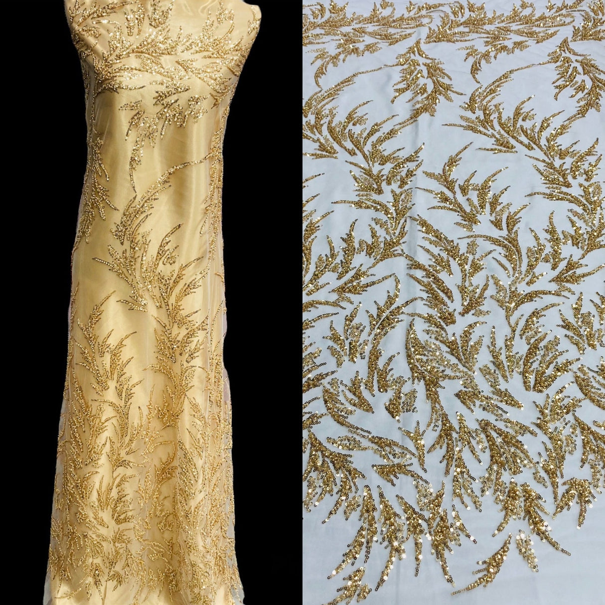 1 Yard Beaded Lace Fabric, 54" Wide Embroidered Polyester Net Mesh with Sequins & Pearls for Bridal, Evening & Quinceañera Dresses