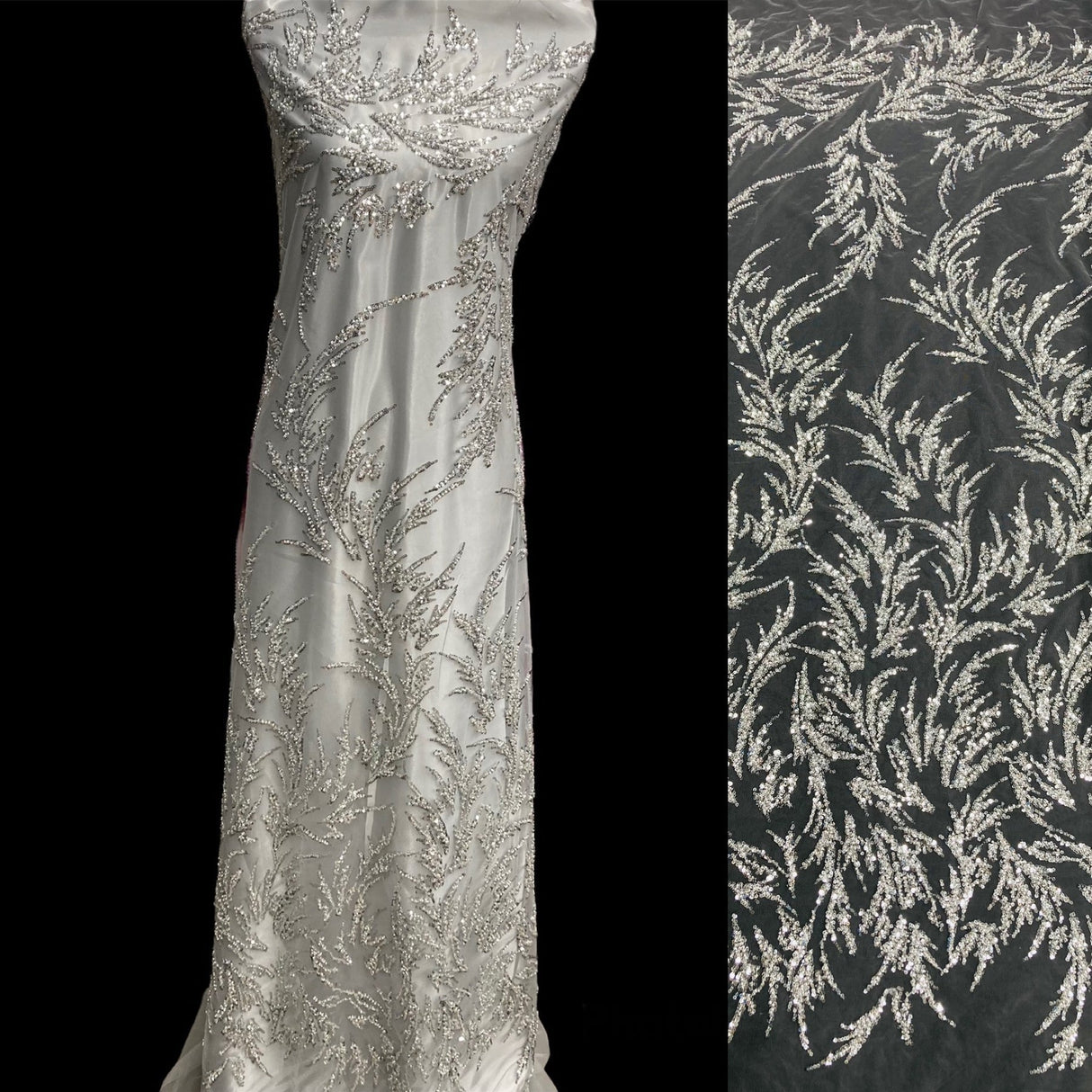 1 Yard Beaded Lace Fabric, 54" Wide Embroidered Polyester Net Mesh with Sequins & Pearls for Bridal, Evening & Quinceañera Dresses