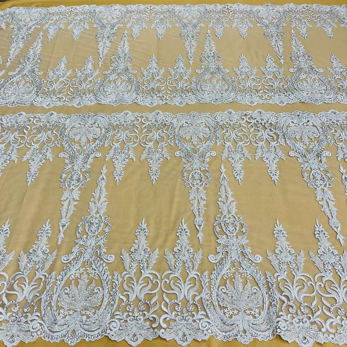 1 Yard Beaded & Corded Bridal Lace Fabric on Polyester Net Mesh, Embroidered Lace Fabric, 51" Width