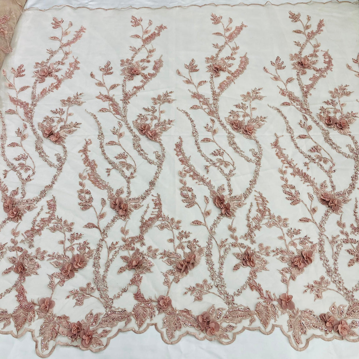 1 Yard Blush Beaded 3D Floral Lace Fabric Embroidered on Polyester Net Mesh 48 inch Width