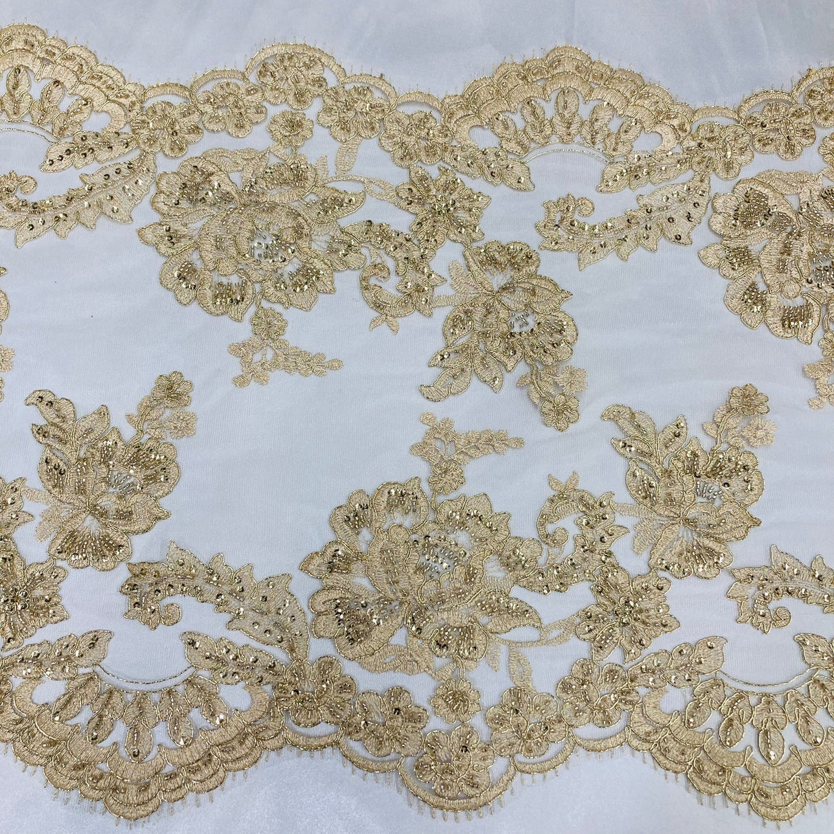 1 Yard Double Sided Beaded Floral Lace Trimming Corded Embroidered on 100% Polyester Net Mesh 17.5" Wide