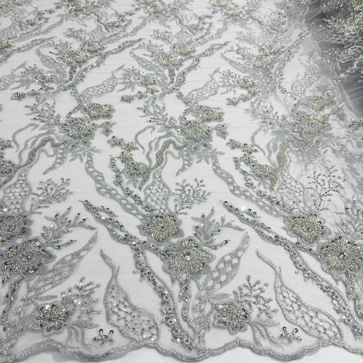 1 Yard Beaded Lace Fabric Embroidered on 100% Polyester Net Mesh 50" Width