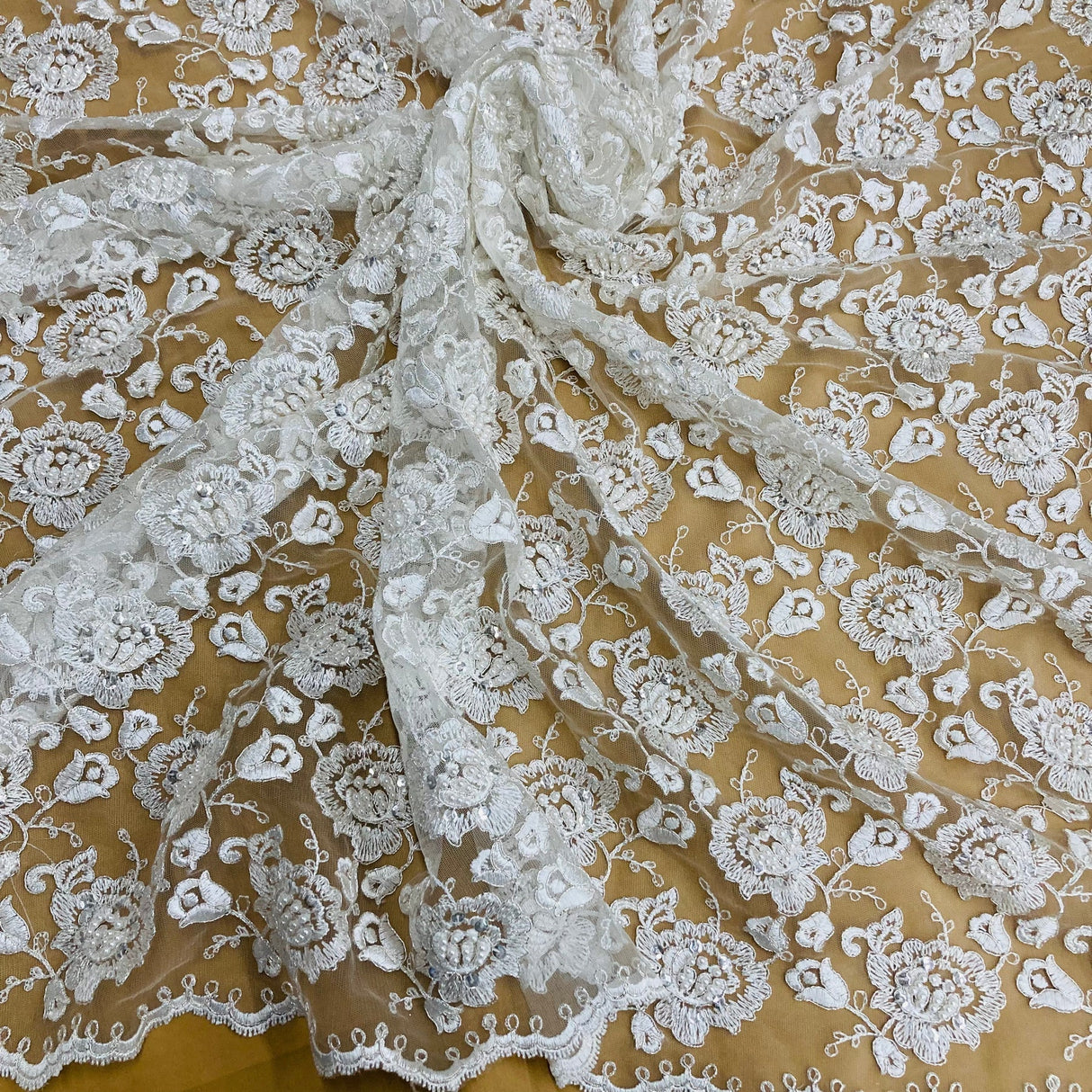 1 Yard Beaded Corded Bridal Lace Fabric Embroidered Net Mesh Black 51" Width