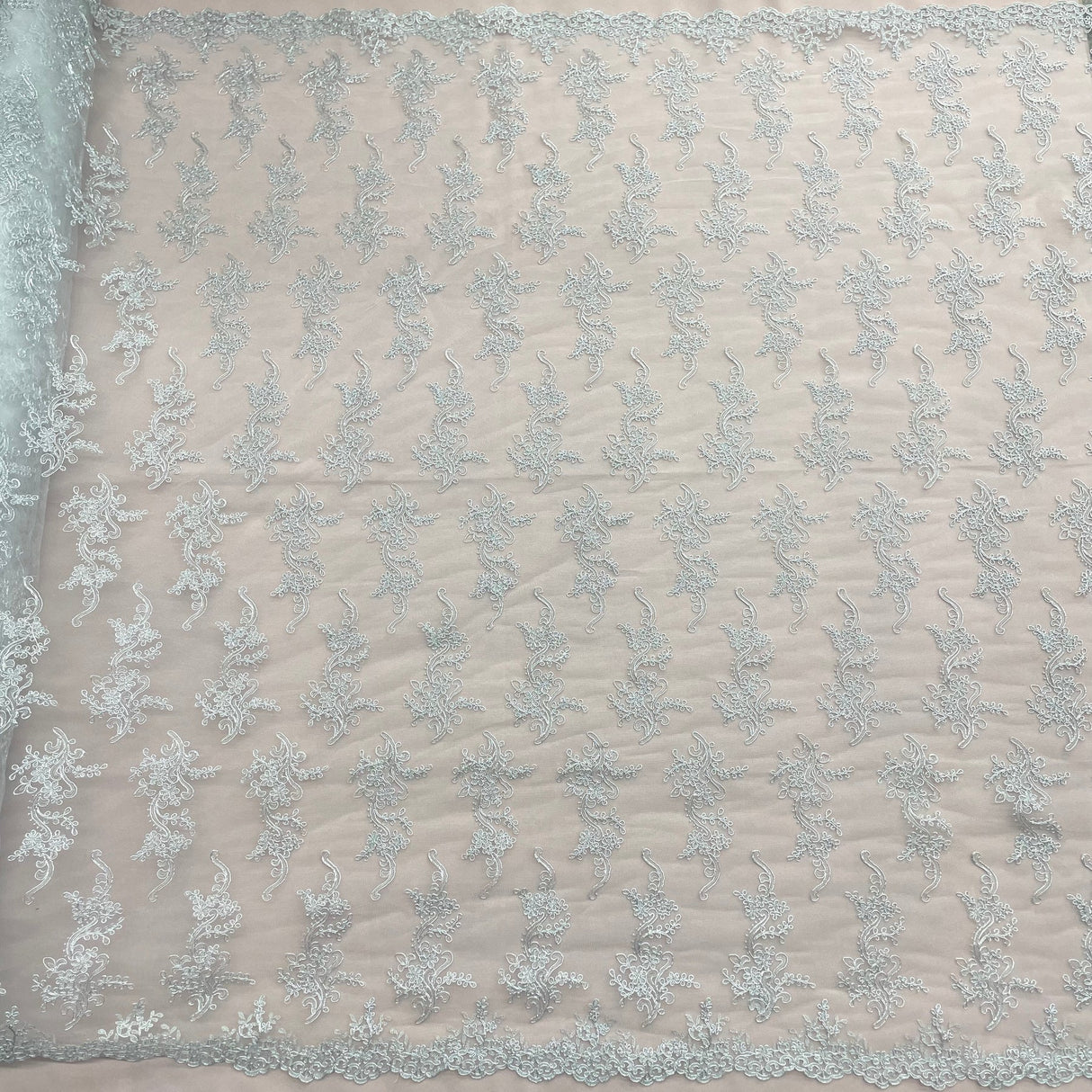 1 Yard Ivory with Silver Corded Bridal Lace Fabric Embroidered Polyester Net Mesh 54 Inch Width