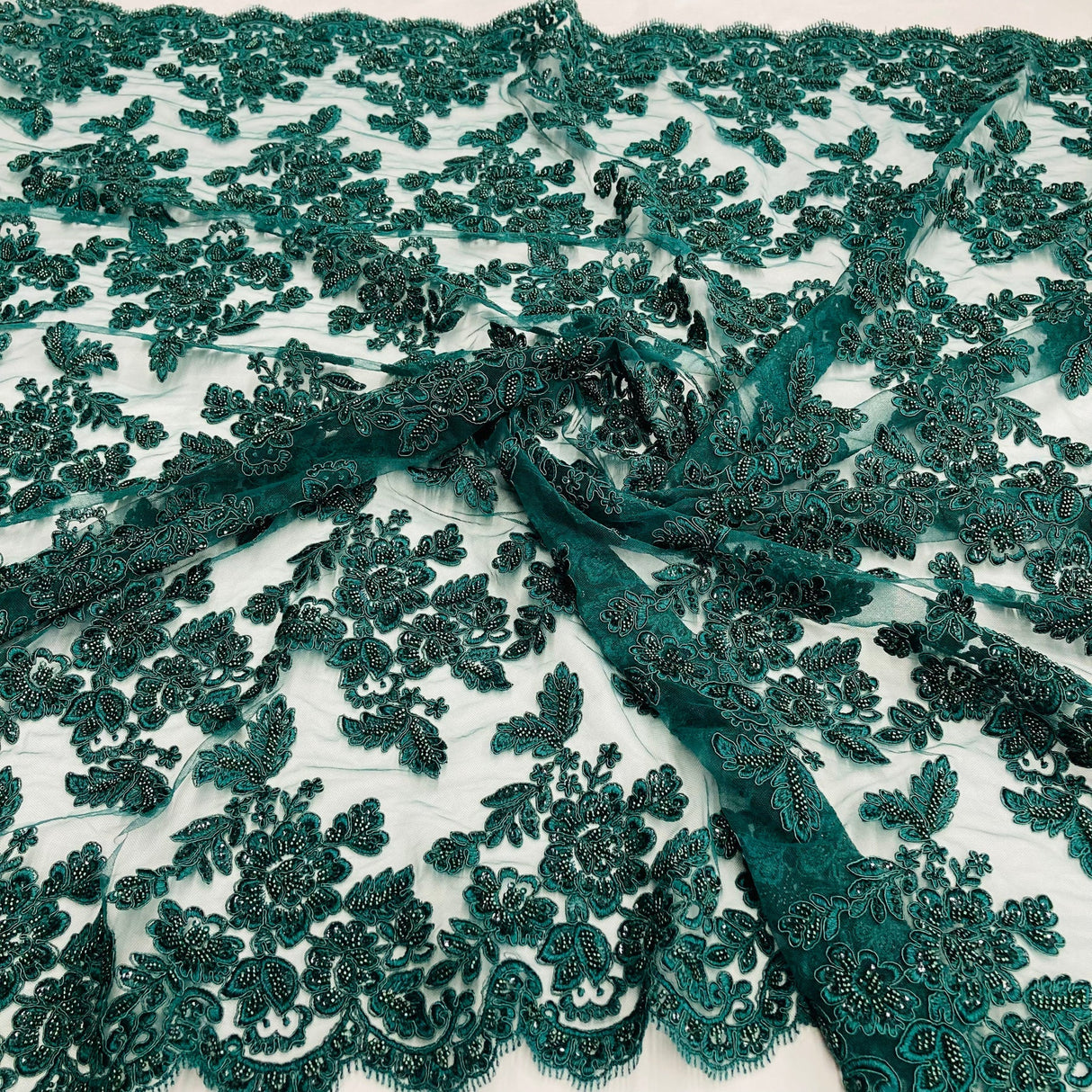 1 Yard Beaded & Corded Embroidered Bridal Lace Fabric, 100% Polyester Net Mesh, 52-54 inch Wide,