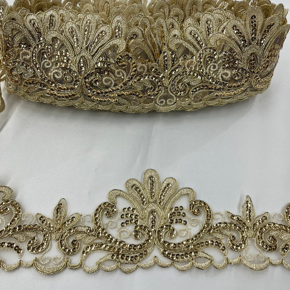 1 Yard Premium Beaded & Corded Floral Lace Trimming on 100% Polyester Net Mesh for Dresses 3.5 Inch Width