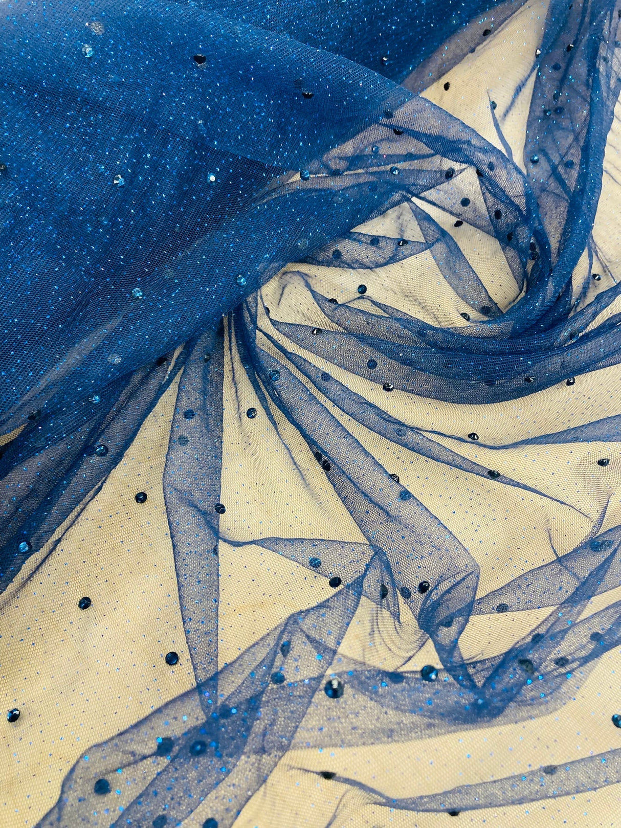 1 Yard Champagne Glitter Mesh Fabric with Scattered Rhinestones Stretch 60 Inch Width