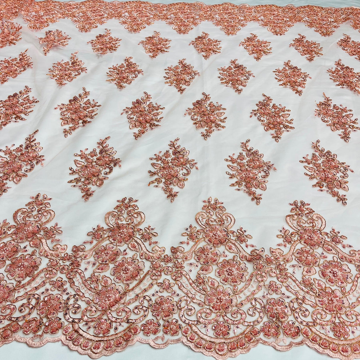 1 Yard Dusty Rose Beaded Corded Lace Fabric with Scallops Embroidered on 100% Poly Metallic 54 Inch Wide