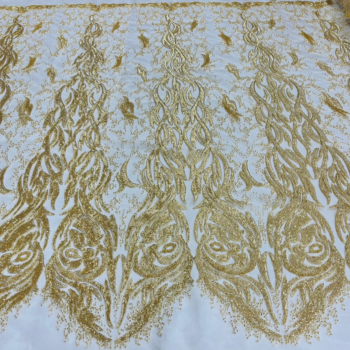 1 Yard Opulent Beaded & Corded Bridal Lace Embroidered on Polyester Net Mesh 58" Wide