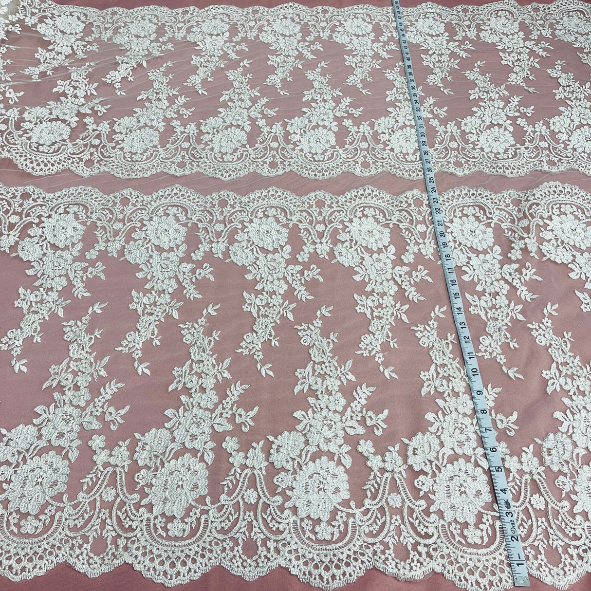 1 Yard Ivory with Silver Corded Bridal Lace Fabric Embroidered on Polyester Net Mesh 50 inch Width