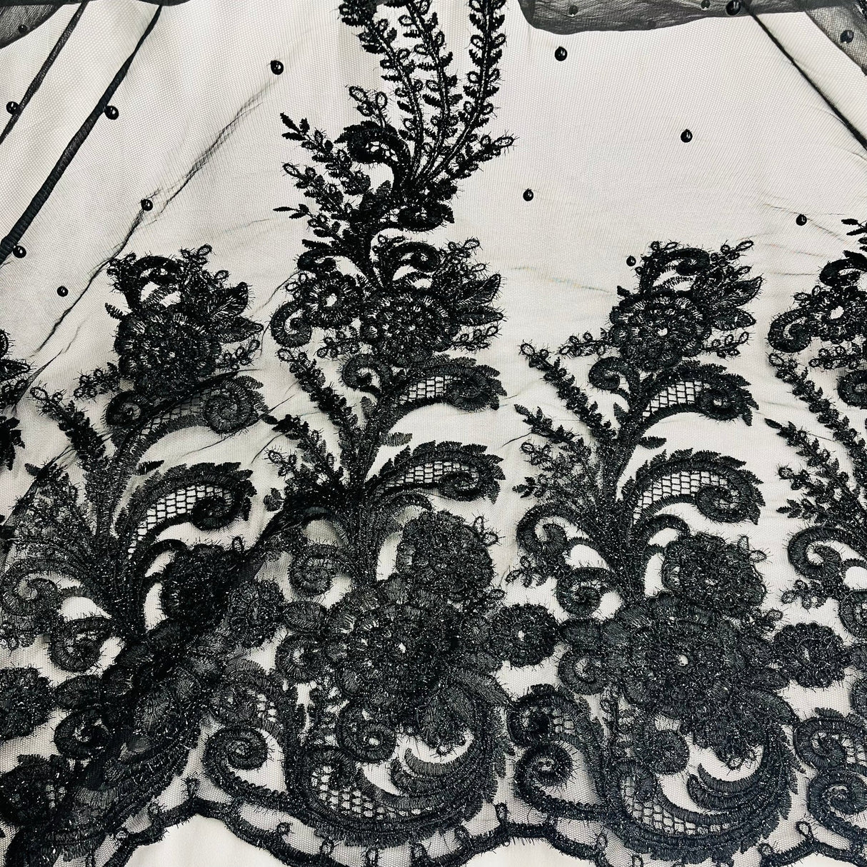 1 Yard Black Beaded Corded Lace Fabric for Couture Bridal Gowns Dance Dresses 56" Width