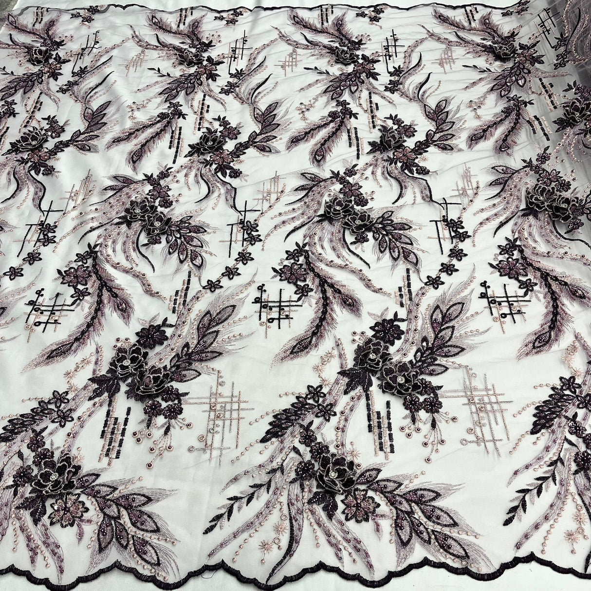 1 Yard Beaded Rhinestone 3D Floral Lace Fabric for Bridal Gowns Costumes Dresses 50" Width