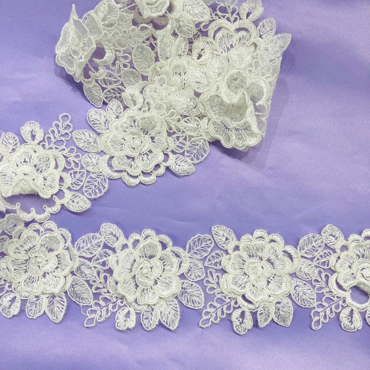 1 Yard 3D Floral Embroidered Lace Trim 3" Wide 100% Polyester Net Mesh for Bridal & Special Occasion